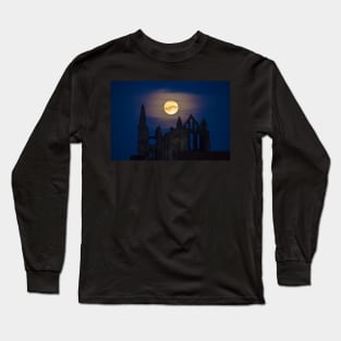 Whitby Abbey Moonrise Gothic Supermoon Benedictine Ruins IMG 1738 Long Sleeve T-Shirt